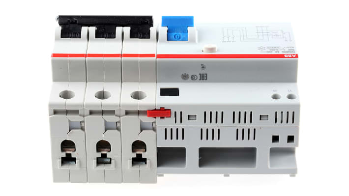 Interruttore differenziale 3 poli ABB, 63A, 30mA, montaggio su guida DIN, progettato per protezione da sovracorrenti.