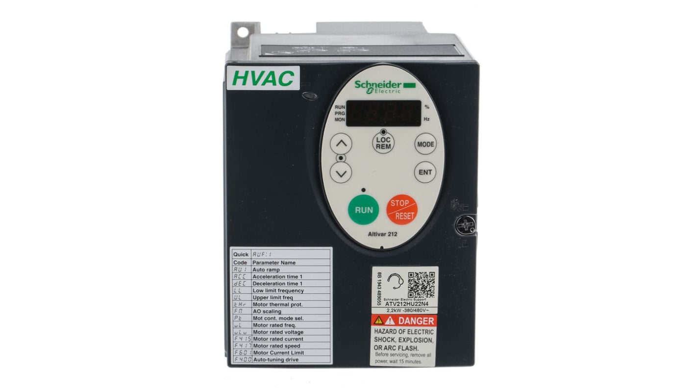 Inverter trifase Schneider Electric ATV212HU22N4, potenza 2,2 kW, dimensioni 143 x 107 x 150 mm, grado di protezione IP21.