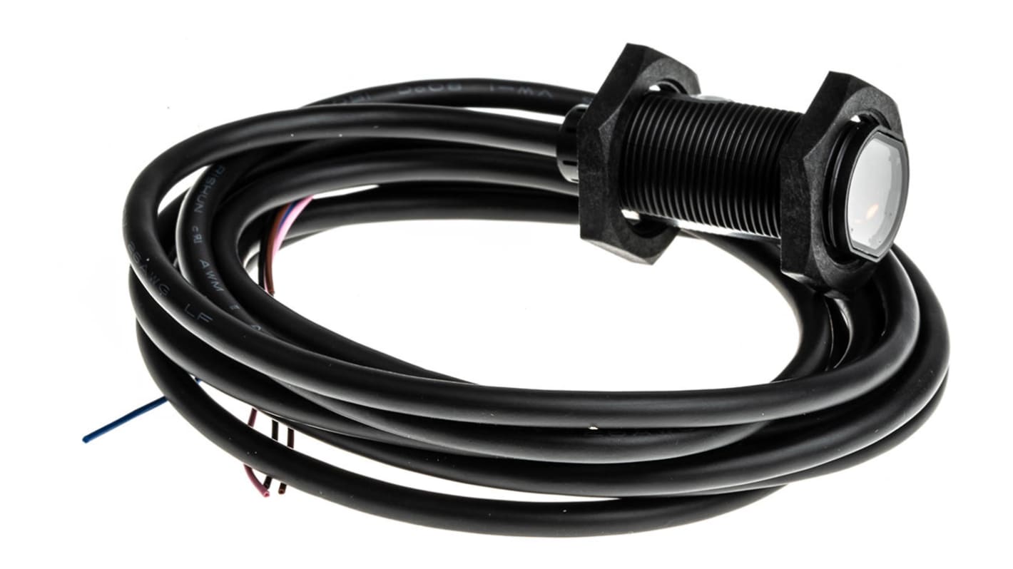 Sensore fotoelettrico cilindrico Omron E3FARP112M, rilevamento da 100 mm a 4 m, uscita PNP, grado di protezione IP67/IP69K.