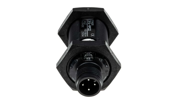Sensore fotoelettrico cilindrico a retroriflessione Omron E3FARP22, rilevamento fino a 500 mm, uscita PNP, IP67/IP69K.