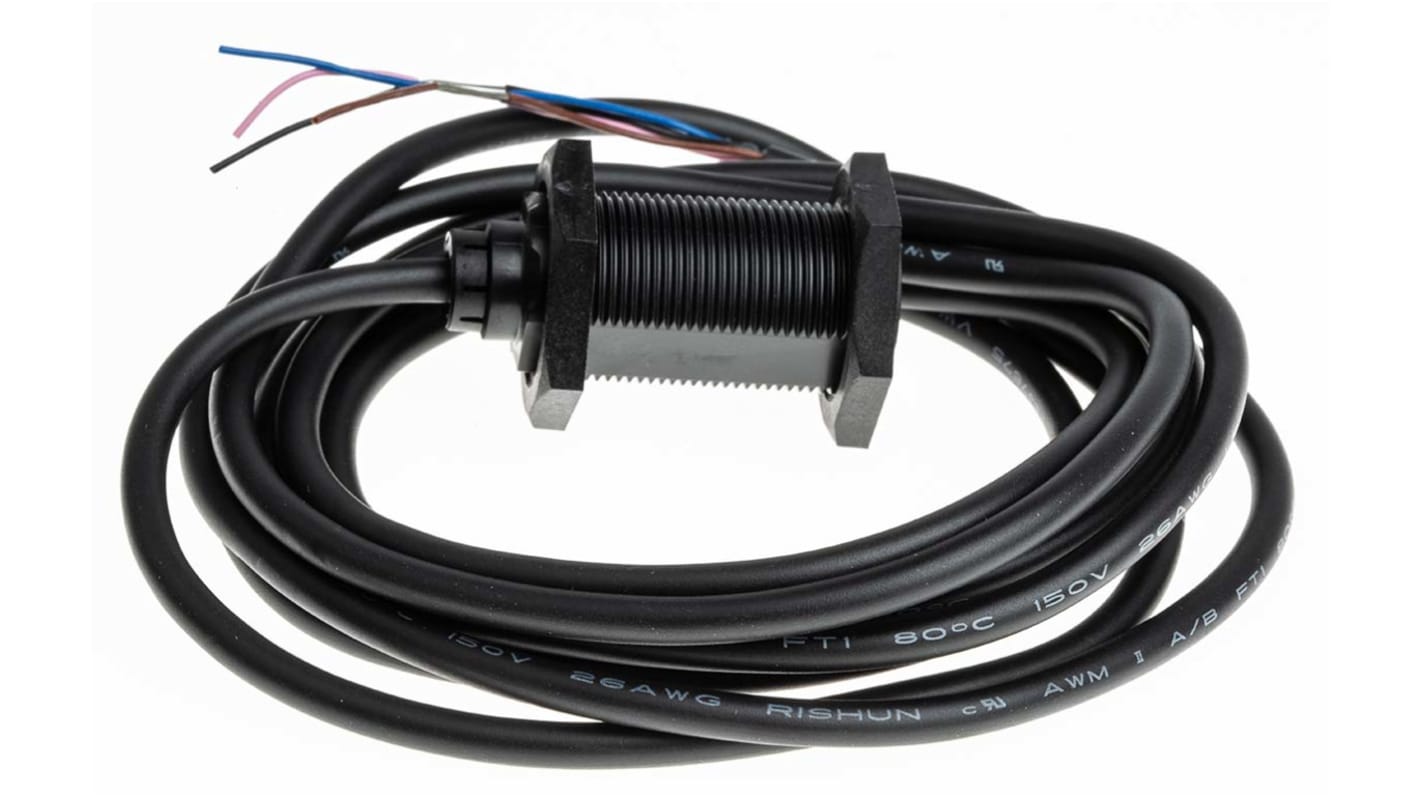 Sensore fotoelettrico cilindrico a diffusione Omron E3FADP112M, rilevamento 100 mm, uscita PNP, grado di protezione IP67/IP69K.