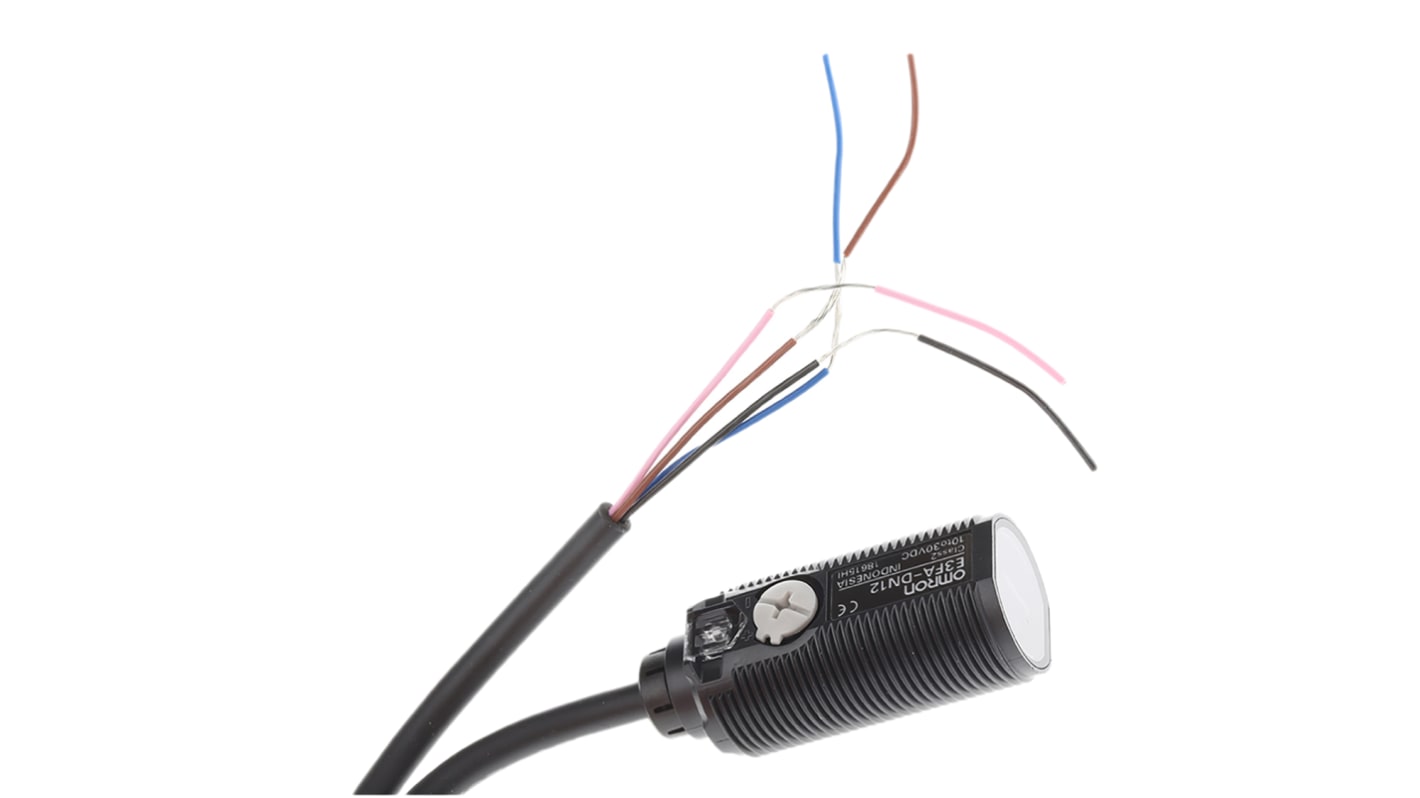 Omron E3FA-DN12 2M, sensore fotoelettrico cilindrico a diffusione, rilevamento 300 mm, uscita NPN, grado di protezione IP67/IP69K.
