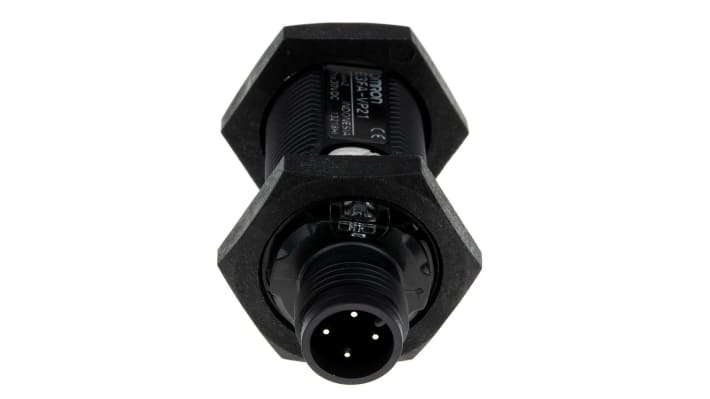 Sensore fotoelettrico cilindrico Omron E3FAVP21, rilevamento 10-50 mm, uscita PNP, connettore M12, grado di protezione IP67/IP69K.
