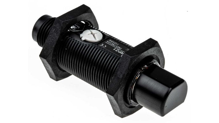 Sensore fotoelettrico cilindrico a retroriflessione Omron E3RA-RP21, rilevamento 100 mm a 3 m, IP67/IP69K, connettore M12.