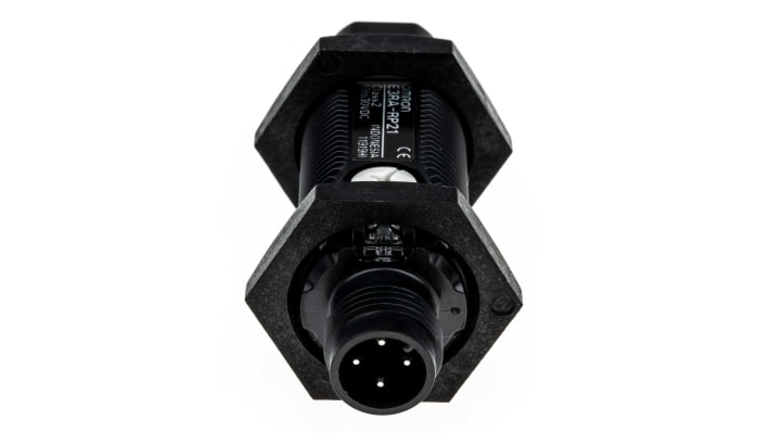 Sensore fotoelettrico cilindrico a retroriflessione Omron E3RA-RP21, rilevamento 100 mm a 3 m, IP67/IP69K, connettore M12.