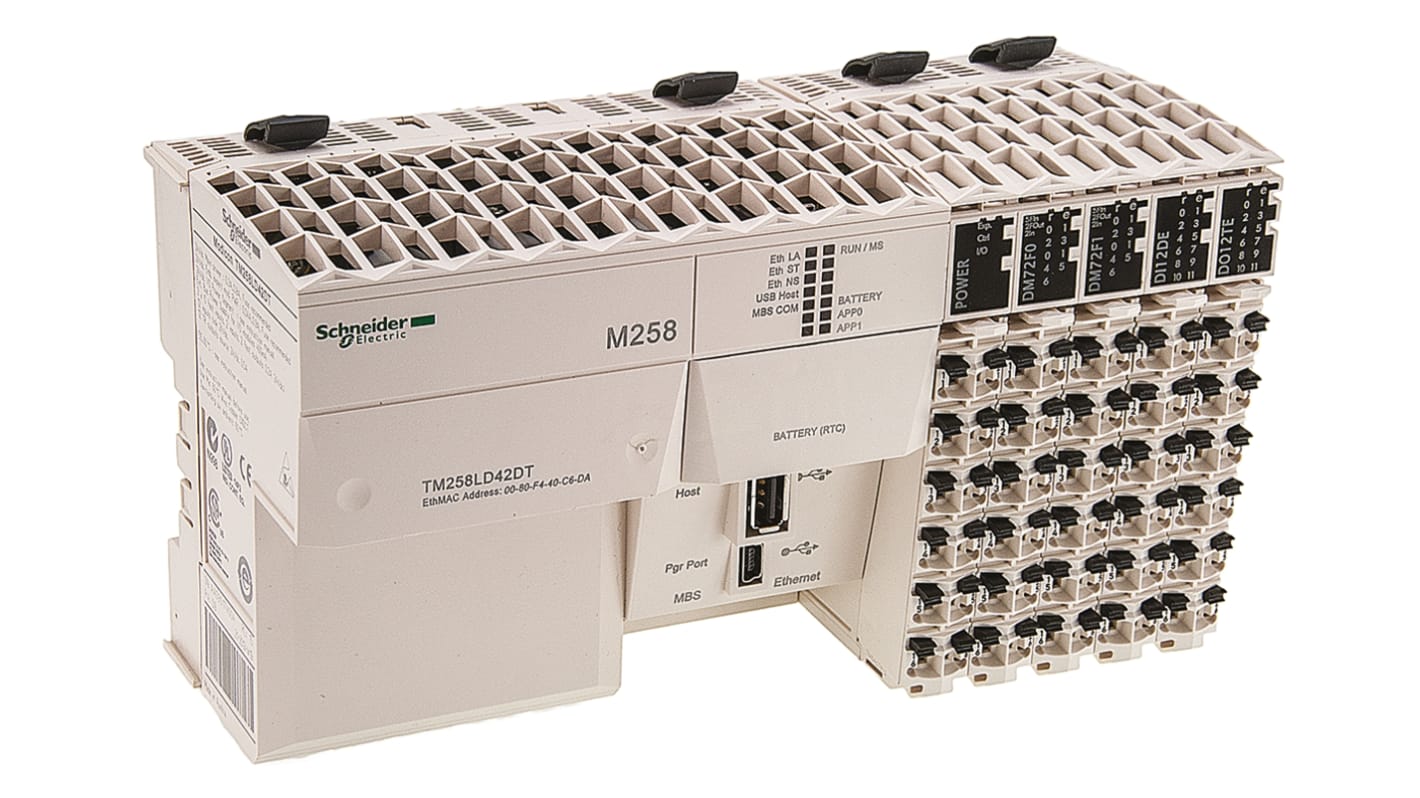 Schneider Electric TM258LD42DT, CPU PLC Modicon M258, 26 ingressi e 16 uscite, montaggio su guida DIN, dimensioni 175 x 99 x 85 mm.