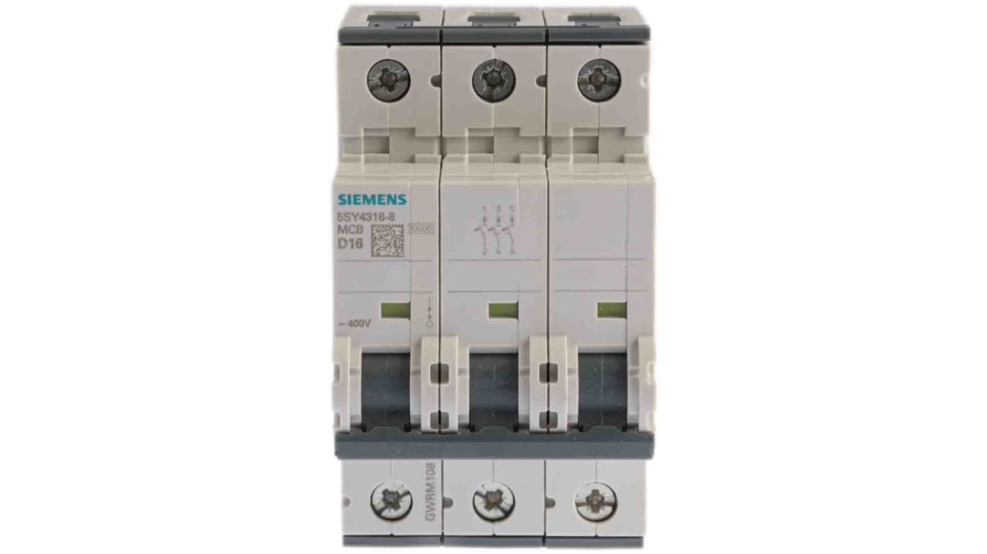 Interruttore magnetotermico Siemens 3P 16A 10 kA, Tipo D (5SY4316-8) per uso industriale. Serie 5SY4, foratura automatica, caratteristiche B, C e D.