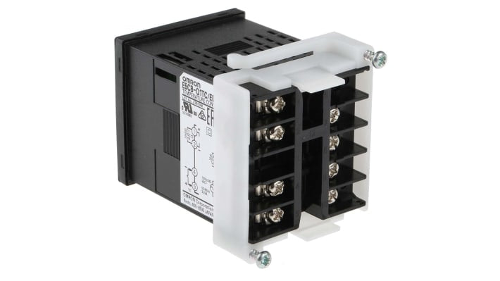 Termoregolatore PID Omron E5CB-Q1TC, alimentazione 100-240 V, dimensioni 48x48 mm, con uscita SSR e display LED.