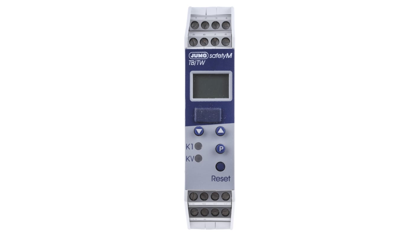 Limitatore di temperatura Jumo 701160/8-0153-001-23, 110-240 V, 2 uscite relè, montaggio su guida DIN, dimensioni 22,5 x 109 mm.