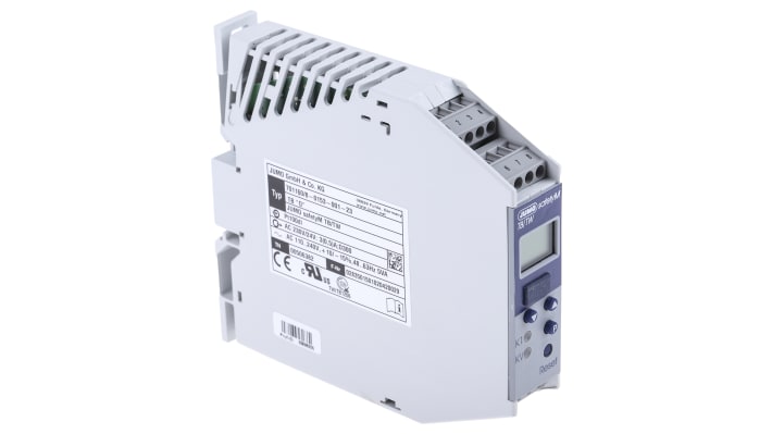 Limitatore di temperatura Jumo 701160/8-0153-001-23, 110-240 V, 2 uscite relè, montaggio su guida DIN, dimensioni 22,5 x 109 mm.