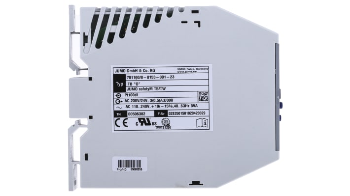 Limitatore di temperatura Jumo 701160/8-0153-001-23, 110-240 V, 2 uscite relè, montaggio su guida DIN, dimensioni 22,5 x 109 mm.