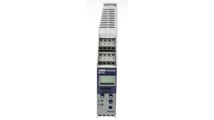 Limitatore di temperatura Jumo 701160/8-0153-001-25, alimentazione 20-30 V, 2 uscite relè, montaggio su guida DIN.