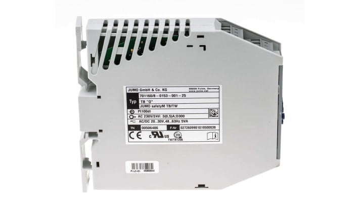 Limitatore di temperatura Jumo 701160/8-0153-001-25, alimentazione 20-30 V, 2 uscite relè, montaggio su guida DIN.