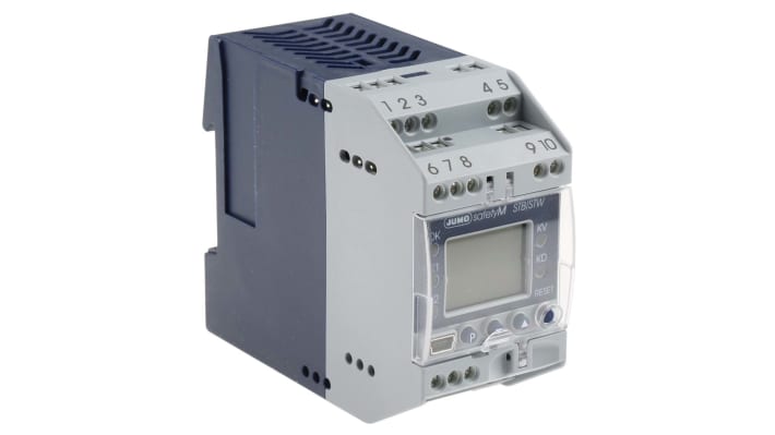 Limitatore di temperatura Jumo 701150/8-01-0253-2001-23/005, tensione 110-240 V, dimensioni 85 x 45 mm, monitoraggio ON/OFF.