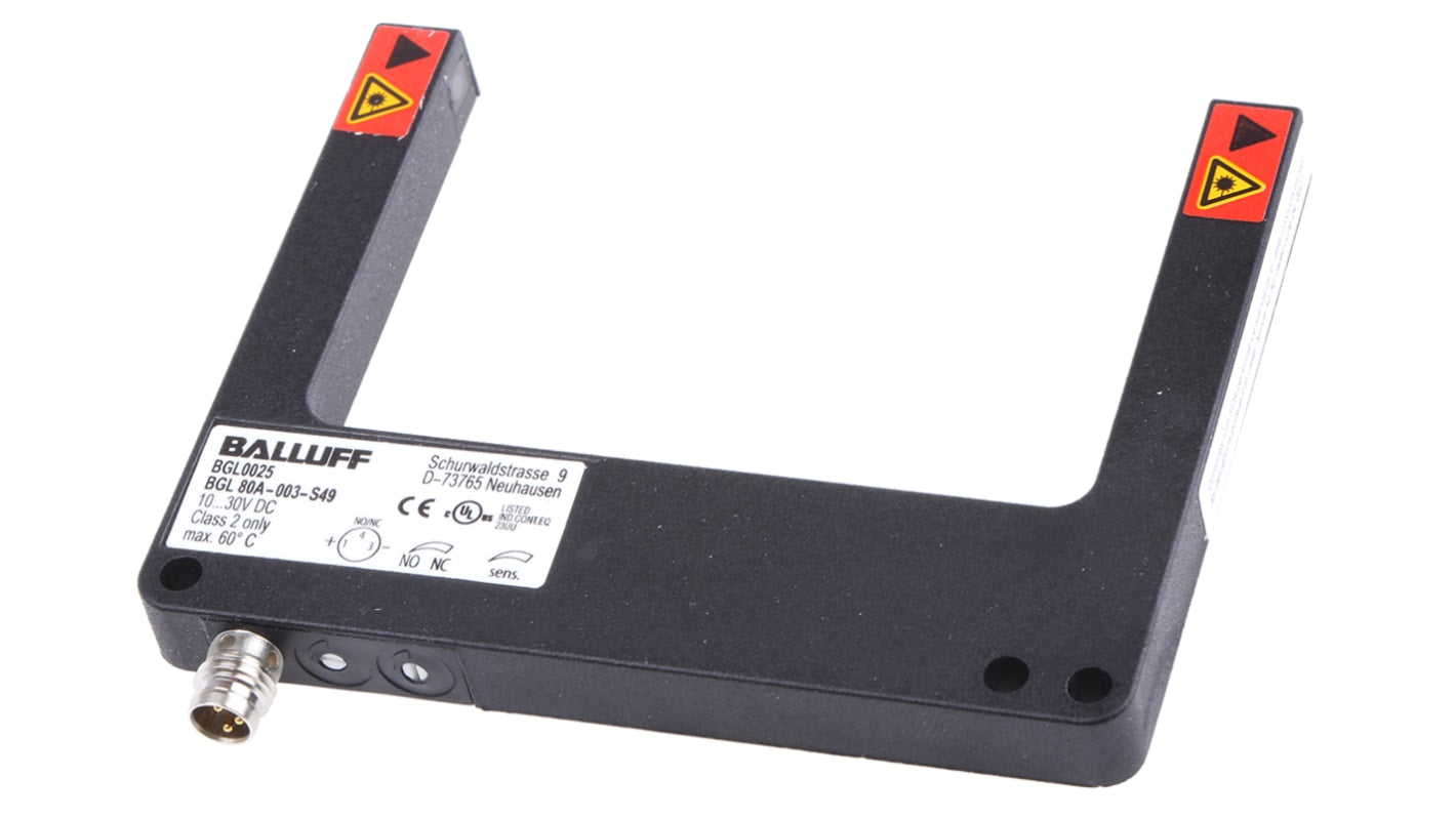Sensore fotoelettrico a forcella BALLUFF BGL-80A-003-S49, rilevamento 80 mm, uscita PNP, IP67, alimentazione 10-30 V cc.