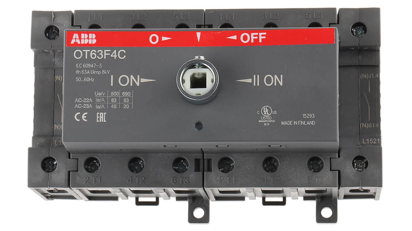 Interruttore sezionatore ABB OT63F4C, manuale, 4 poli, 63A, montaggio su guida DIN, dimensioni 140x92x85 mm, protezione IP20.
