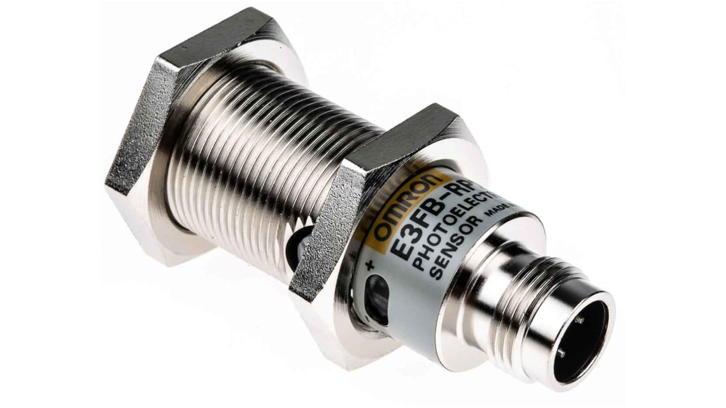 Omron E3FBRP21, sensore fotoelettrico cilindrico a retroriflessione, rilevamento 100 mm a 4 m, IP67/IP69K, 30V, 25 mA.