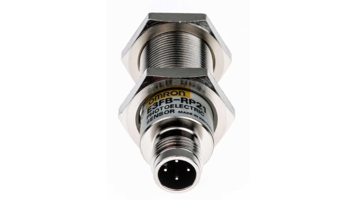 Omron E3FBRP21, sensore fotoelettrico cilindrico a retroriflessione, rilevamento 100 mm a 4 m, IP67/IP69K, 30V, 25 mA.