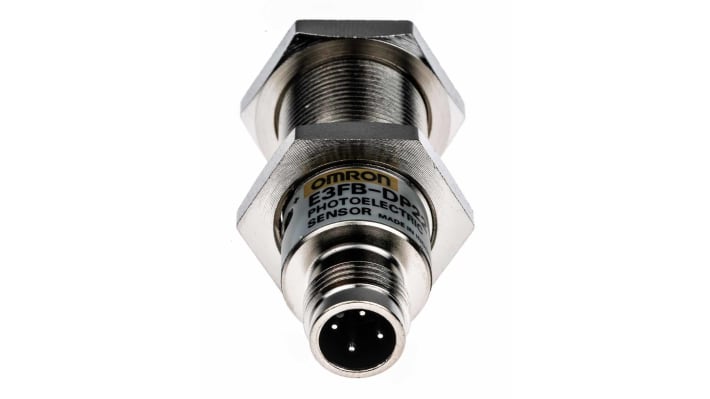 Sensore fotoelettrico cilindrico Omron E3FBDP22, rilevamento 300 mm, uscita PNP, grado di protezione IP67/IP69K.
