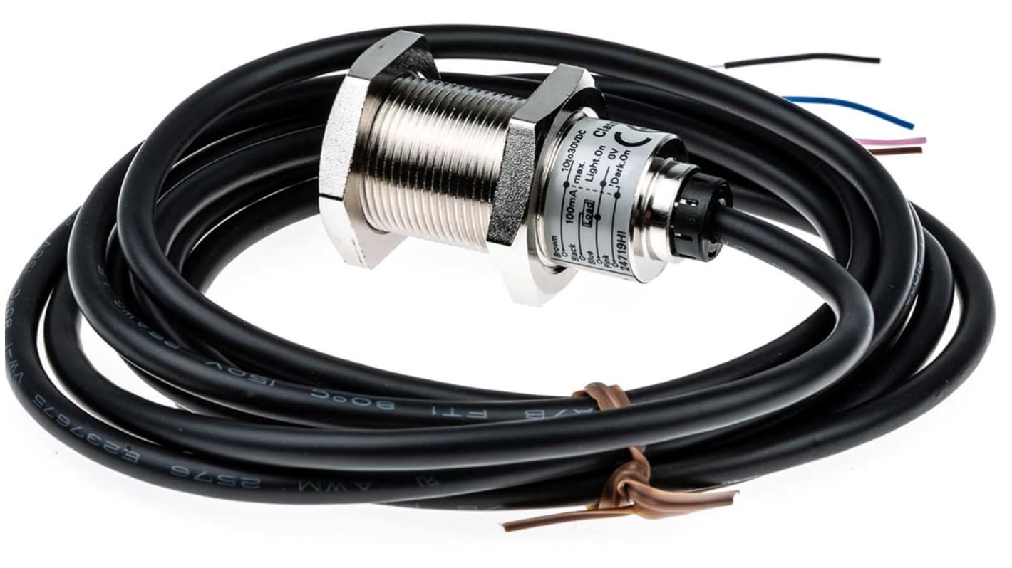 Sensore fotoelettrico cilindrico Omron E3FBDP122M, rilevamento 300 mm, uscita PNP, design compatto, grado di protezione IP67/IP69K.