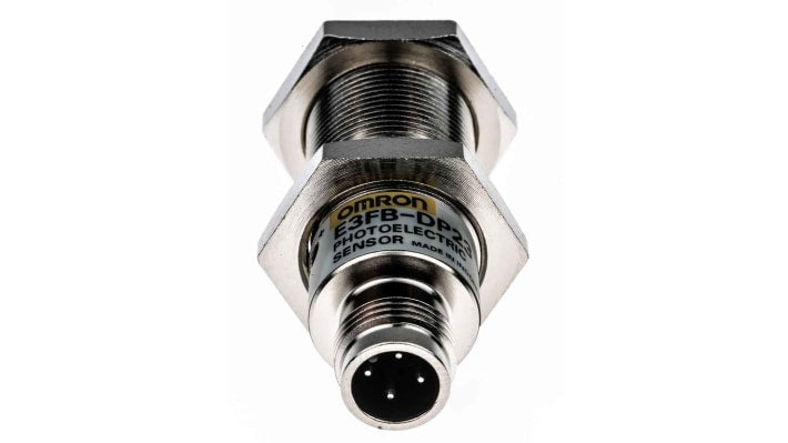 Sensore fotoelettrico cilindrico Omron E3FBDP23, rilevamento fino a 1 m, uscita PNP, connettore M12, grado di protezione IP67/IP69K.