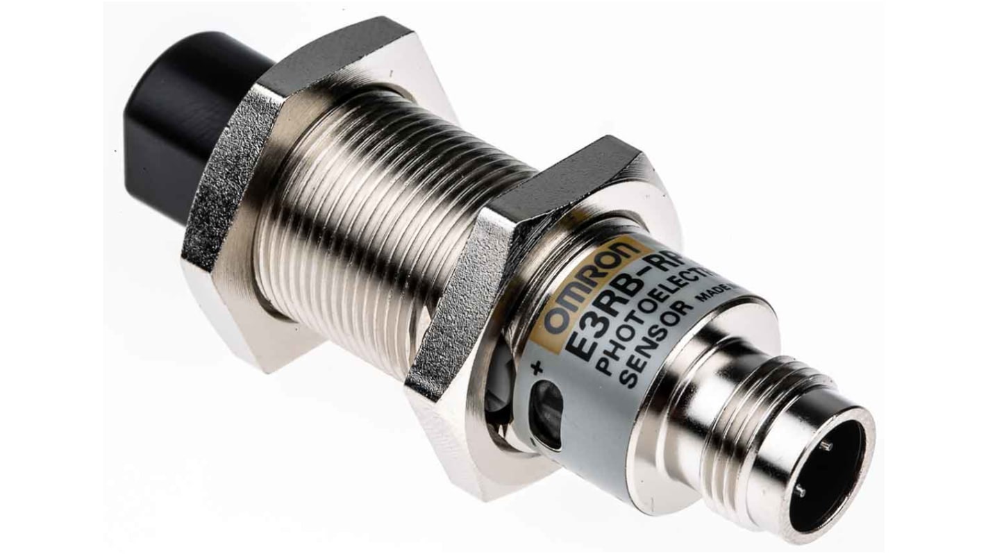 Omron E3RBRP21, sensore fotoelettrico cilindrico a retroriflessione, rilevamento 100 mm a 3 m, IP67/IP69K, connettore M12.