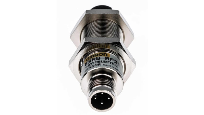 Omron E3RBRP21, sensore fotoelettrico cilindrico a retroriflessione, rilevamento 100 mm a 3 m, IP67/IP69K, connettore M12.