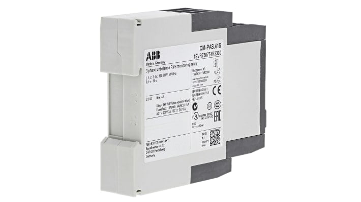 Relè di monitoraggio fase ABB CM-PAS, DPDT, tensione 300-500 V CA, montaggio su guida DIN, dimensioni 103.7 x 22.5 x 85.6 mm.