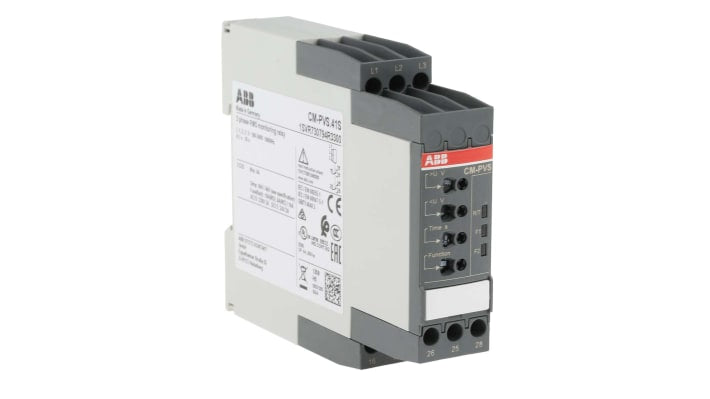 Relè di monitoraggio trifase ABB CM-PVS.41S per guida DIN, controlla sovratensione e sottotensione, dimensioni 103,7 x 22,5 x 85,6 mm.