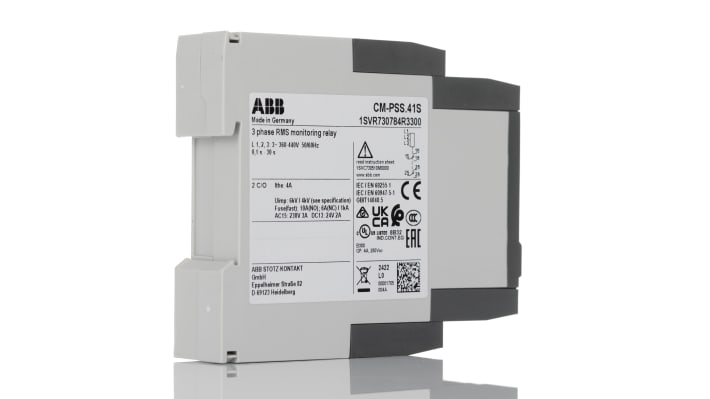 Relè di monitoraggio ABB CM-PSS.41S, DPDT, tensione 400 V CA, montaggio su guida DIN, dimensioni 103.7 x 22.5 x 85.6 mm.