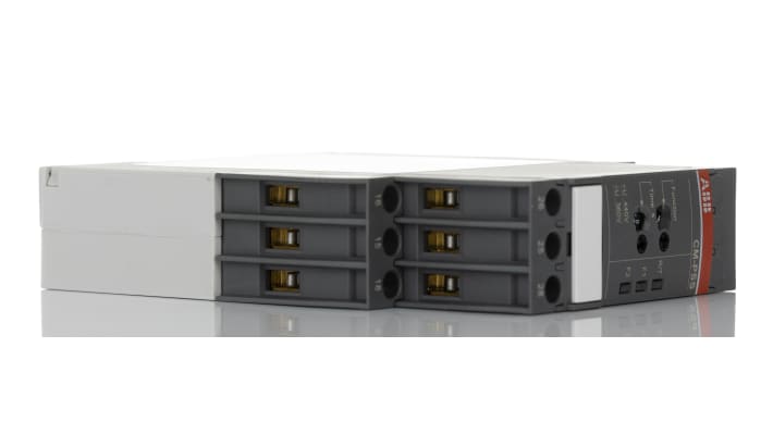 Relè di monitoraggio ABB CM-PSS.41S, DPDT, tensione 400 V CA, montaggio su guida DIN, dimensioni 103.7 x 22.5 x 85.6 mm.