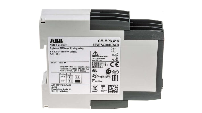 Relè di monitoraggio ABB CM-MPS, DPDT, montaggio su guida DIN, 4 A, 300-500 V CA, dimensioni 103,7 x 22,5 x 85,6 mm.