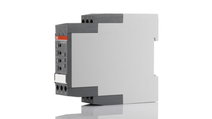 Relè di monitoraggio ABB CM-MPS, DPDT, montaggio su guida DIN, tensione 300-500V, dimensioni 103,7 x 22,5 x 85,6 mm.