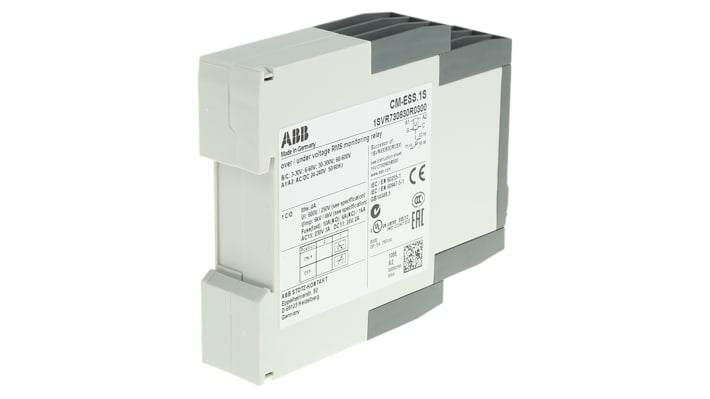 Relè di monitoraggio tensione ABB CM-ESS.1S, SPDT, per sovratensione e sottotensione, montaggio su guida DIN, dimensioni 103.7 x 22.5 x 85.6 mm.