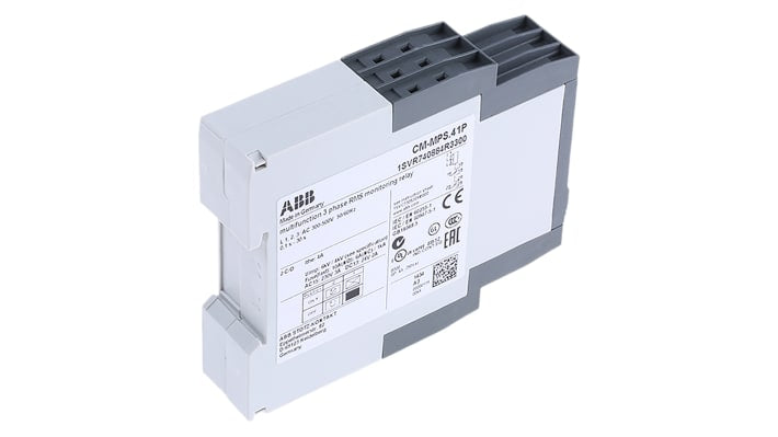 Relè di monitoraggio ABB CM-MPS.41P per reti trifase, montaggio su guida DIN, dimensioni 103,7x22,5x85,6mm.