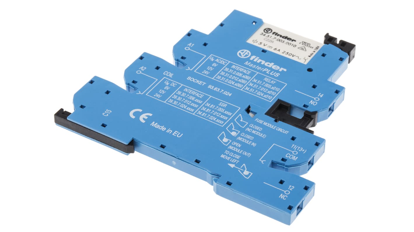 Finder 39.31.0.006.0060, relè d'interfaccia per guida DIN, contatti SPDT, bobina 6V, dimensioni 6,2 x 90,7 x 94,3 mm.