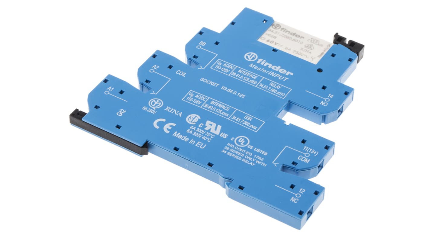 Finder 39.41.0.125.5060, relè d'interfaccia SPDT per guida DIN, tensione 125V, dimensioni 6,2 x 90,7 x 94,3 mm.