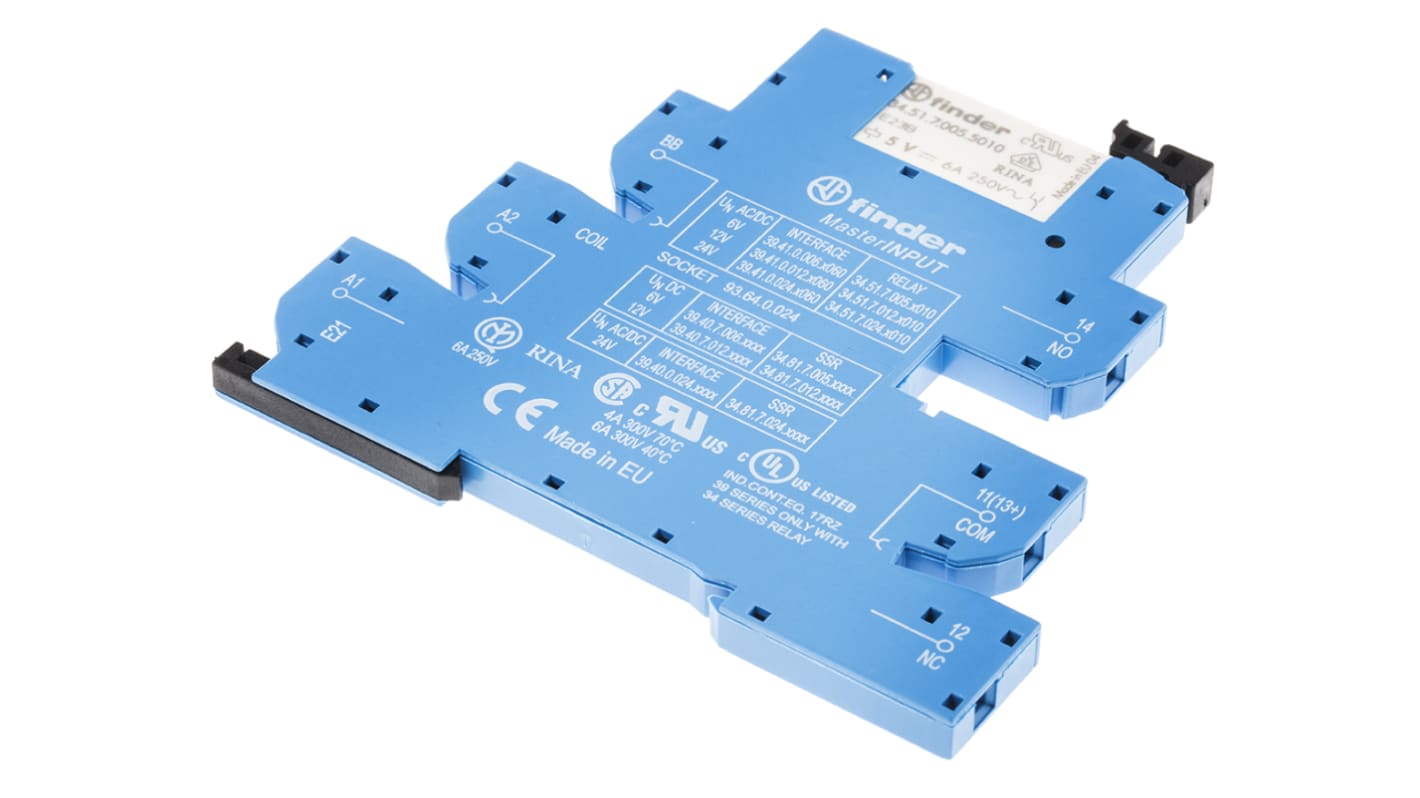 Finder 39.41.0.006.5060, relè d'interfaccia per guida DIN, bobina 6V, contatti SPDT, dimensioni 6,2 x 90,7 x 94,3 mm.