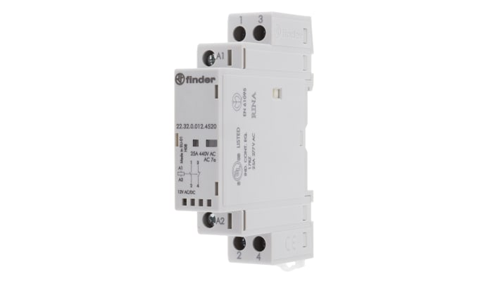 Finder 22.32.0.012.4520, contattore modulare 25 A, 2 poli, 1 NO + 1 NC, bobina 12 V c.c., dimensioni 84 x 17.5 x 60.8 mm.