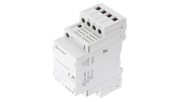 Contattore Finder 22.34.0.012.4620, 4 poli, 2 NO + 2 NC, 25 A, 12 V c.c., dimensioni 35x85x60.8 mm.
