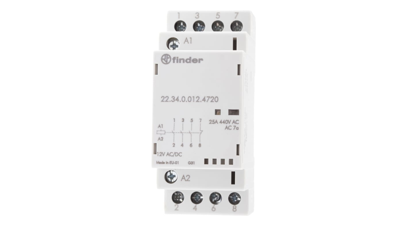 Contattore Finder 22.34.0.012.4720, 4 poli 3NO + 1NC, 25 A, tensione bobina 12 V c.c., dimensioni 35x35x60.8 mm.