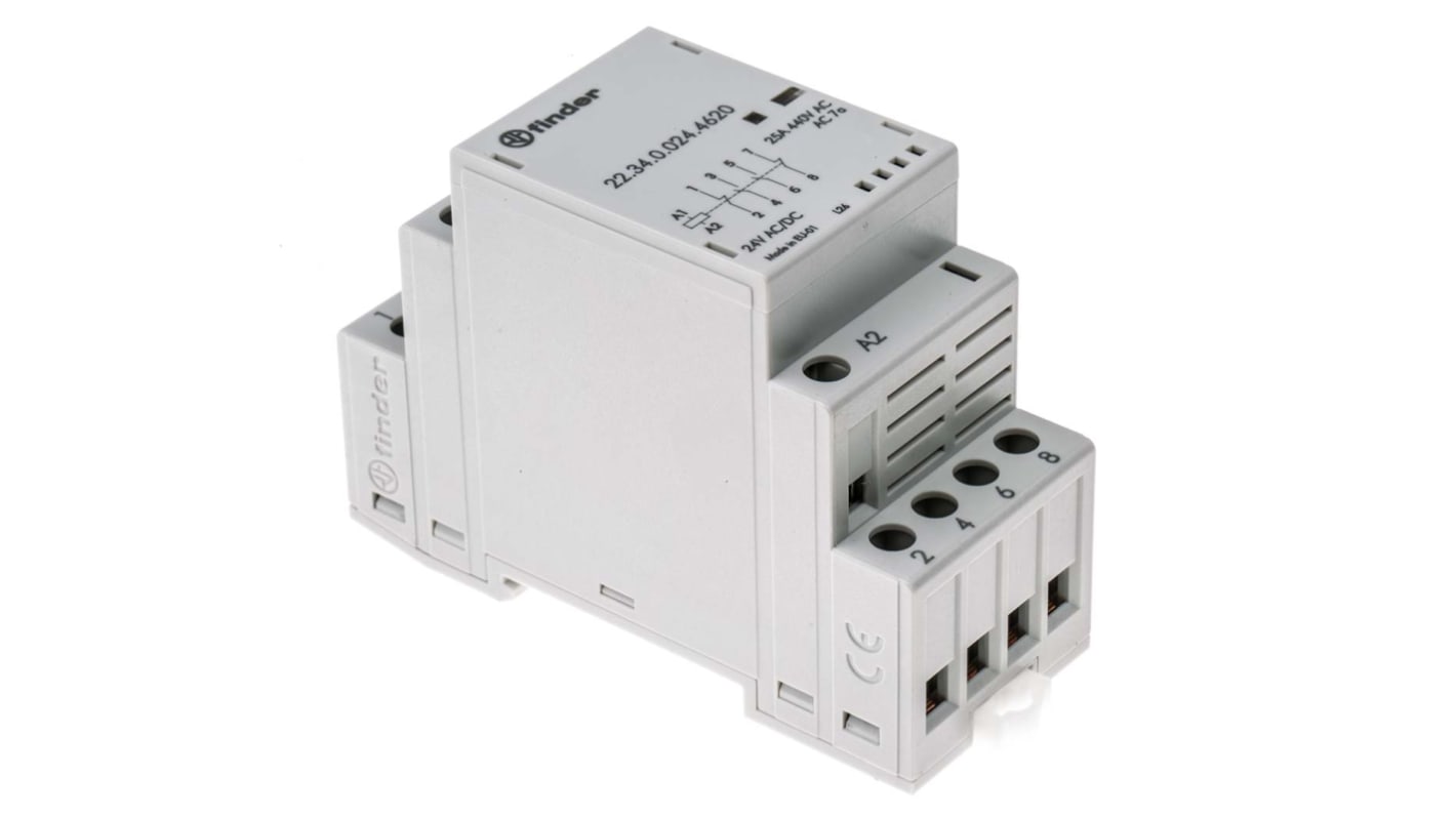 Finder 22.34.0.024.4620, contattore modulare 4 poli, 2 NO + 2 NC, 25 A, 24 V c.a., dimensioni 35x35x60.8 mm.