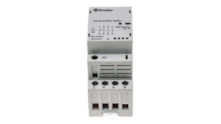 Finder 22.34.0.024.4620, contattore modulare 4 poli, 2 NO + 2 NC, 25 A, 24 V c.a., dimensioni 35x35x60.8 mm.