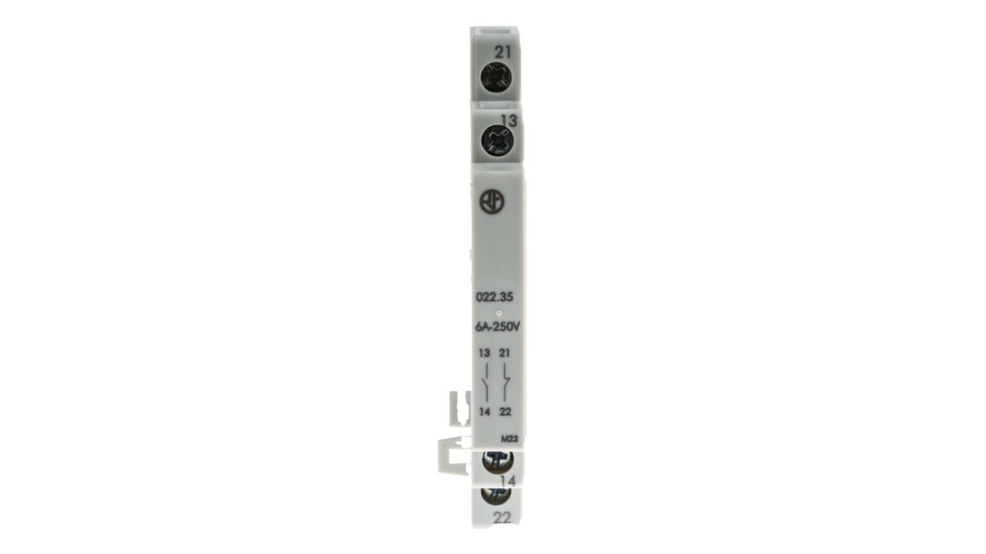 Finder 022.35, modulo contatti per guida DIN, 1 N/C + 1 N/A, corrente 6 A, tensione 230 V, montaggio su guida DIN.