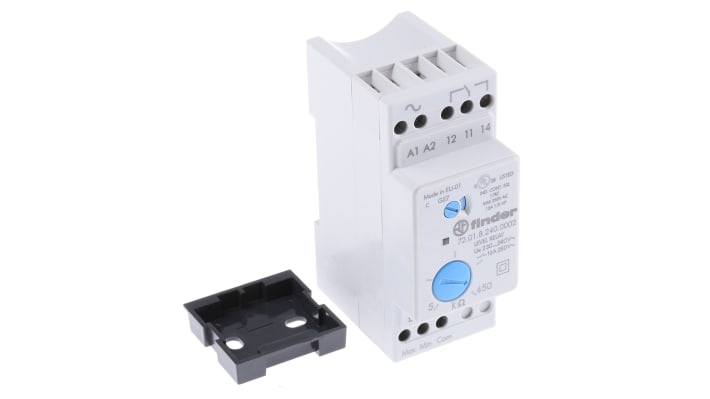 Finder 72.01.8.240.0002, relè di monitoraggio per liquidi conduttivi, montaggio su guida DIN, dimensioni 58 x 35 x 84 mm.