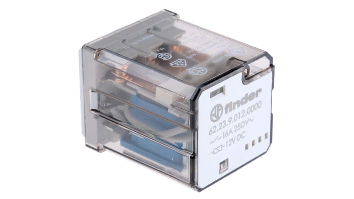 Finder 62.23.9.012.0000, relè di potenza 3PDT, bobina 12V cc, montaggio su PCB, dimensioni 38.2mm x 49.1mm x 35.8mm.