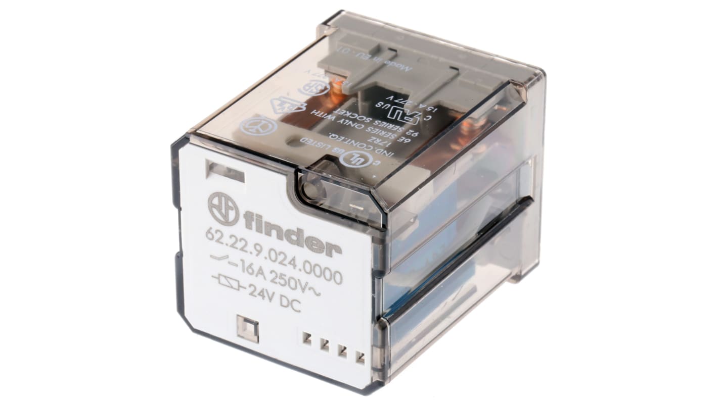 Finder 62.22.9.024.0000, relè DPDT 24V cc per montaggio su PCB, corrente 16A, dimensioni 38.2mm x 35.8mm x 49.1mm.