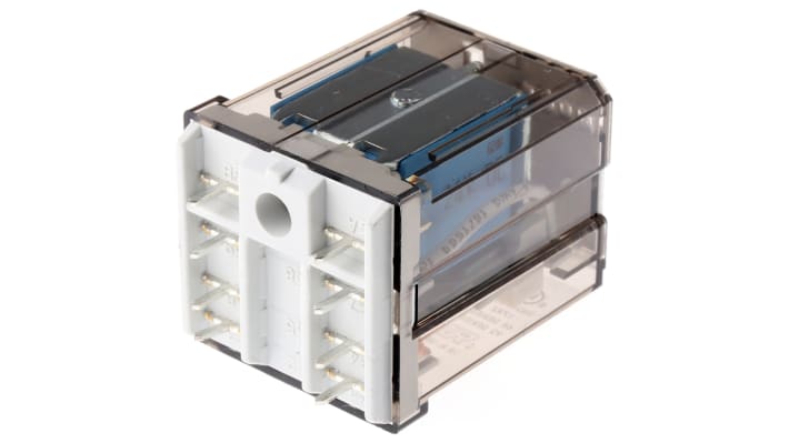 Finder 62.22.9.024.0000, relè DPDT 24V cc per montaggio su PCB, corrente 16A, dimensioni 38.2mm x 35.8mm x 49.1mm.