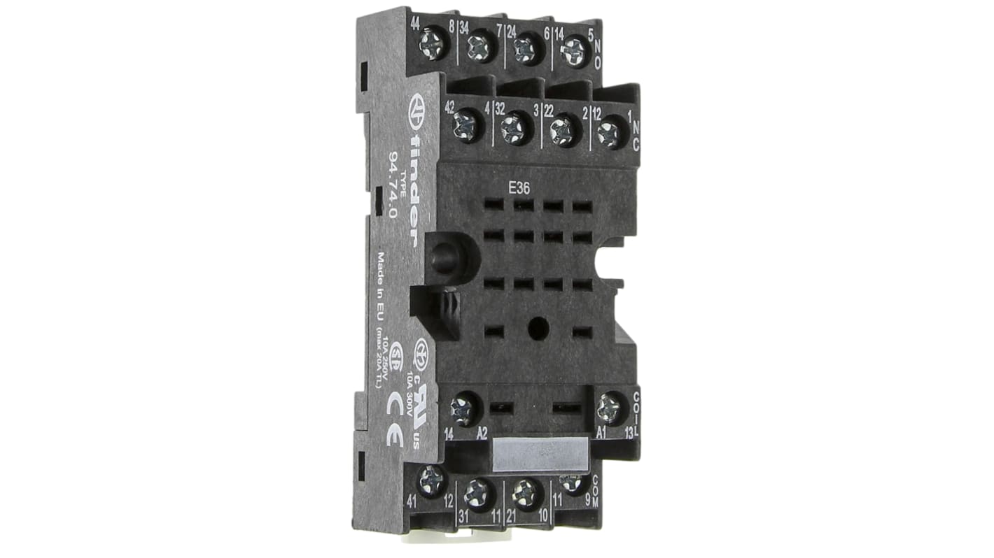 Finder 94.740SMA, zoccolo per relè serie 55.32 - 55.34 e temporizzatori 85.04, con connettori femmina e indicazione LED. Corrente nominale 10A, colore nero.