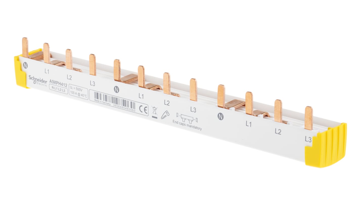 Barra di distribuzione Schneider Electric A9XPH412 per sezionatori Acti9, 415V ca, 500V di isolamento. Montaggio orizzontale, passo 18mm. Ideale per applicazioni tecniche.